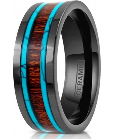 Beautiful Ultra-Light Hi-Tech 6mm/8mm Gunmetal Black Flat Ceramic Band Style Ring w/ Koa Wood Inlay Between 2 Blue Turquoise ...