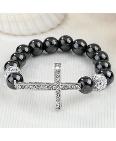 10mm Rhinestone Metal Cross Ball Hematite Elastic Bracelet Women hot $10.33 Stretch