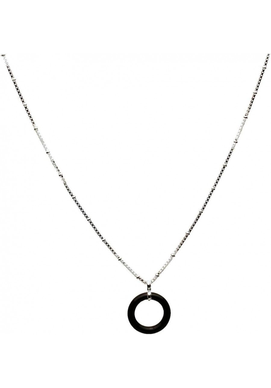 17mm Black Onyx Stone Circle Ring Pendant Sterling Silver Box Beads Chain Necklace $11.84 Pendant Necklaces