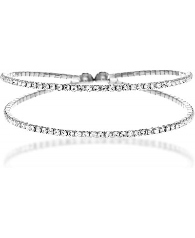 Crystal Bracelet for Women – Rhinestone Bangle Bracelet – Silver & Gold Plated - Flexible & Adjustable – Two Row - Bridal Wed...