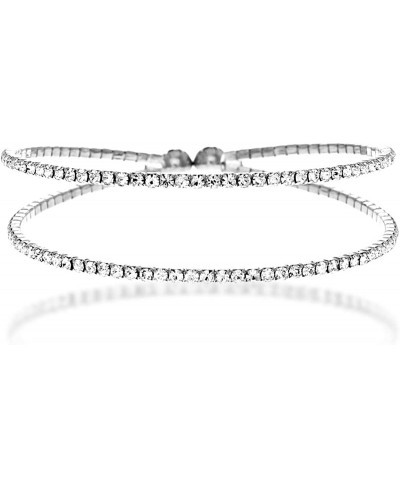 Crystal Bracelet for Women – Rhinestone Bangle Bracelet – Silver & Gold Plated - Flexible & Adjustable – Two Row - Bridal Wed...