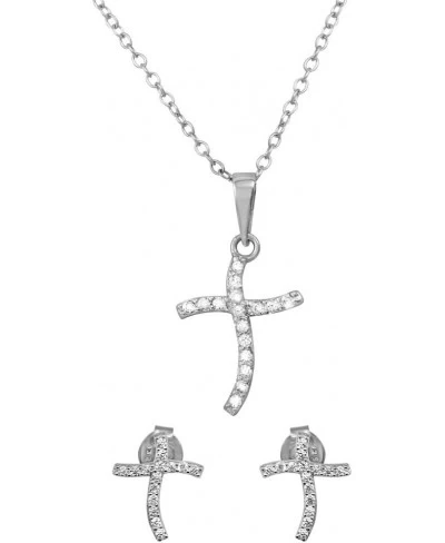 Clear Cubic Zirconia Wavy Cross Stud Earrings And Necklace Set Rhodium Plated Sterling Silver $37.14 Jewelry Sets