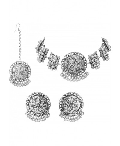 Indian Oxidized Polish Statement Choker Necklace Earrings Set Combo Fashion Garba Jewelry for Women and Girls $18.73 Chokers