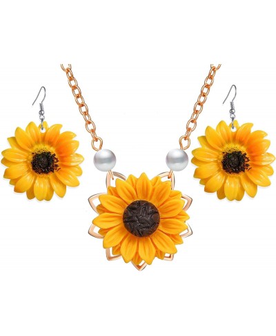 Fashion Sweet Sunflower Leaf Pendant Necklace & Earrings for Women Yellow Enamel Daisy Sun Flower Necklace Dangle Earrings Je...