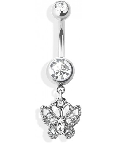 14GA Double Jeweled Barbell with Dangling CZ Paved Butterfly 316L Surgical Stainless Steel Navel Belly Button Ring $11.10 Pie...