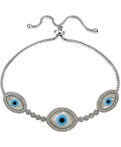 Sterling Silver Cubic Zirconia & Mother of Pearl Evil Eye Adjustable Bracelet $46.74 Link