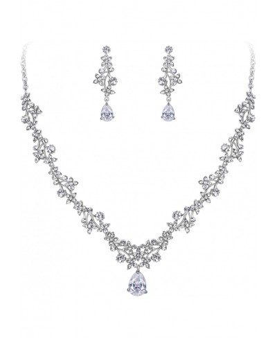 Women's Austrian Cystal CZ Floral Wedding Bridal Teardrop Necklace Dangle Earrings Costume Jewerly Sets $26.35 Jewelry Sets