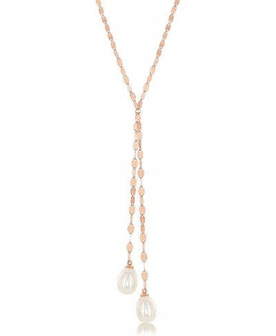 Sterling Silver or Rose Gold Plated High Polish Flat Mirror Chain with Freshwater Pearl Lariat 16+2" Necklace $30.17 Y-Necklaces