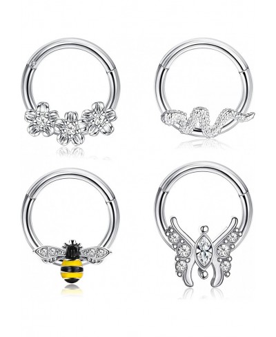 4PCS 16G Septum Rings Clicker Stainless Steel Daith Earrings Cute Butterfly Bee Flower Snake Septum Ring Hinged Nose Ring Hoo...