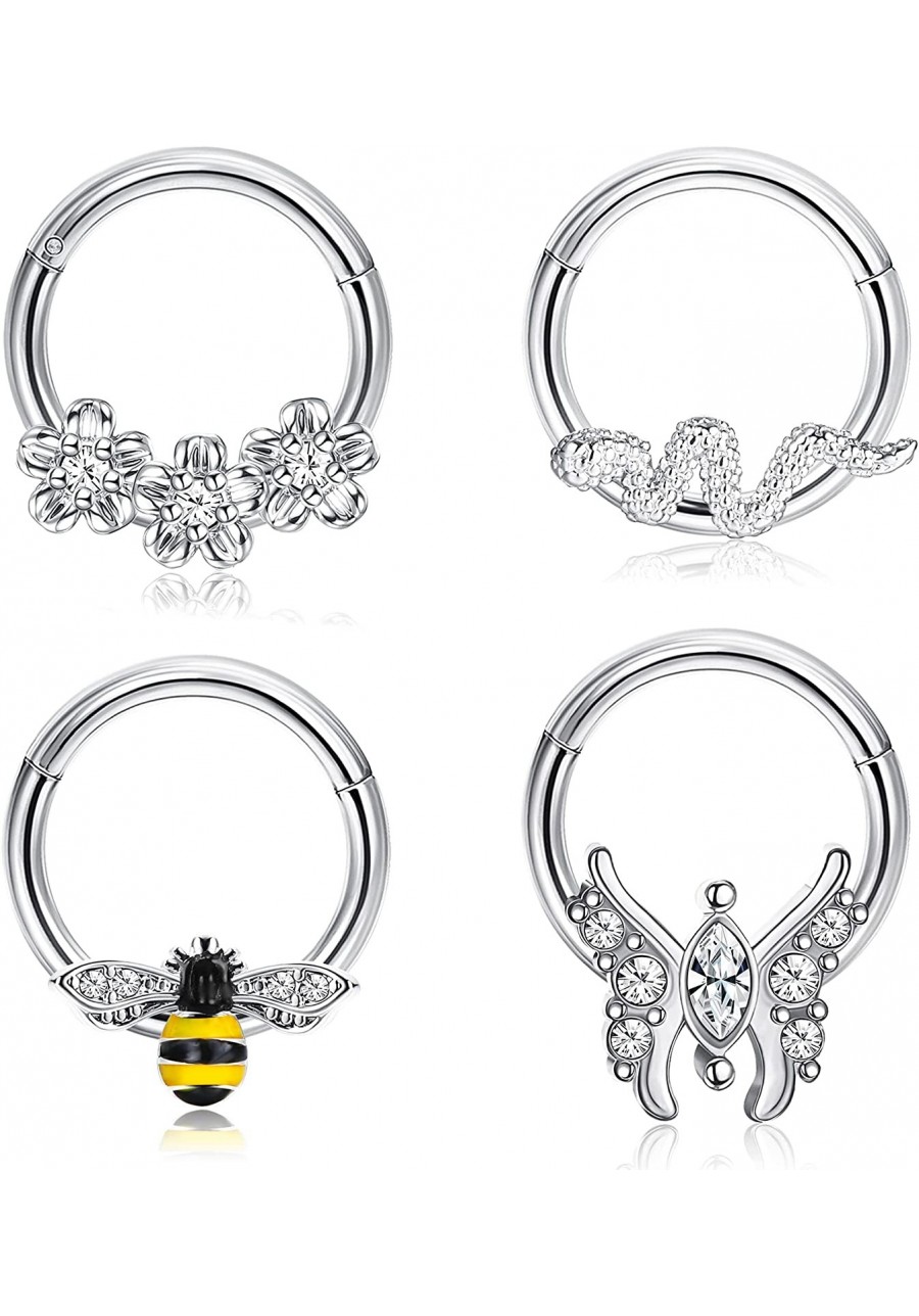 4PCS 16G Septum Rings Clicker Stainless Steel Daith Earrings Cute Butterfly Bee Flower Snake Septum Ring Hinged Nose Ring Hoo...