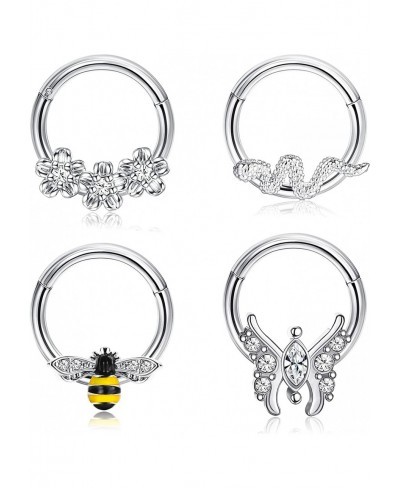 4PCS 16G Septum Rings Clicker Stainless Steel Daith Earrings Cute Butterfly Bee Flower Snake Septum Ring Hinged Nose Ring Hoo...