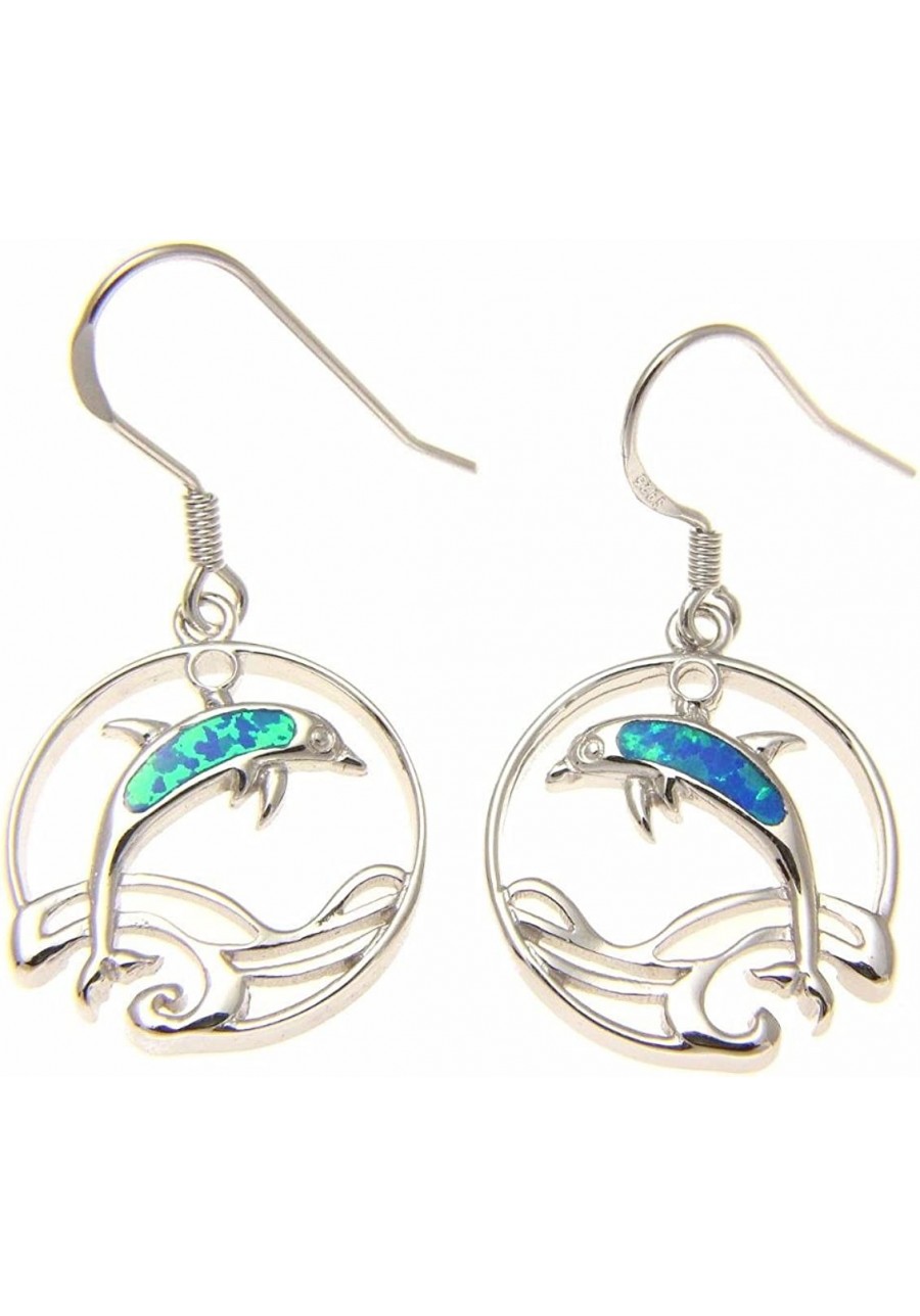 925 Sterling silver Hawaiian circle wave dolphin blue synthetic opal hook wire earrings $28.66 Drop & Dangle