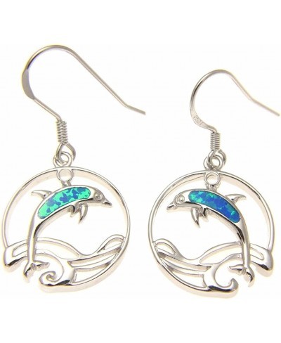 925 Sterling silver Hawaiian circle wave dolphin blue synthetic opal hook wire earrings $28.66 Drop & Dangle