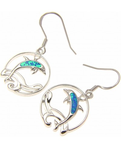 925 Sterling silver Hawaiian circle wave dolphin blue synthetic opal hook wire earrings $28.66 Drop & Dangle