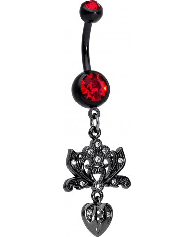 Women 14G Black PVD Steel Navel Ring Piercing Red Accent Lotus Heart Dangle Belly Button Ring $13.11 Piercing Jewelry