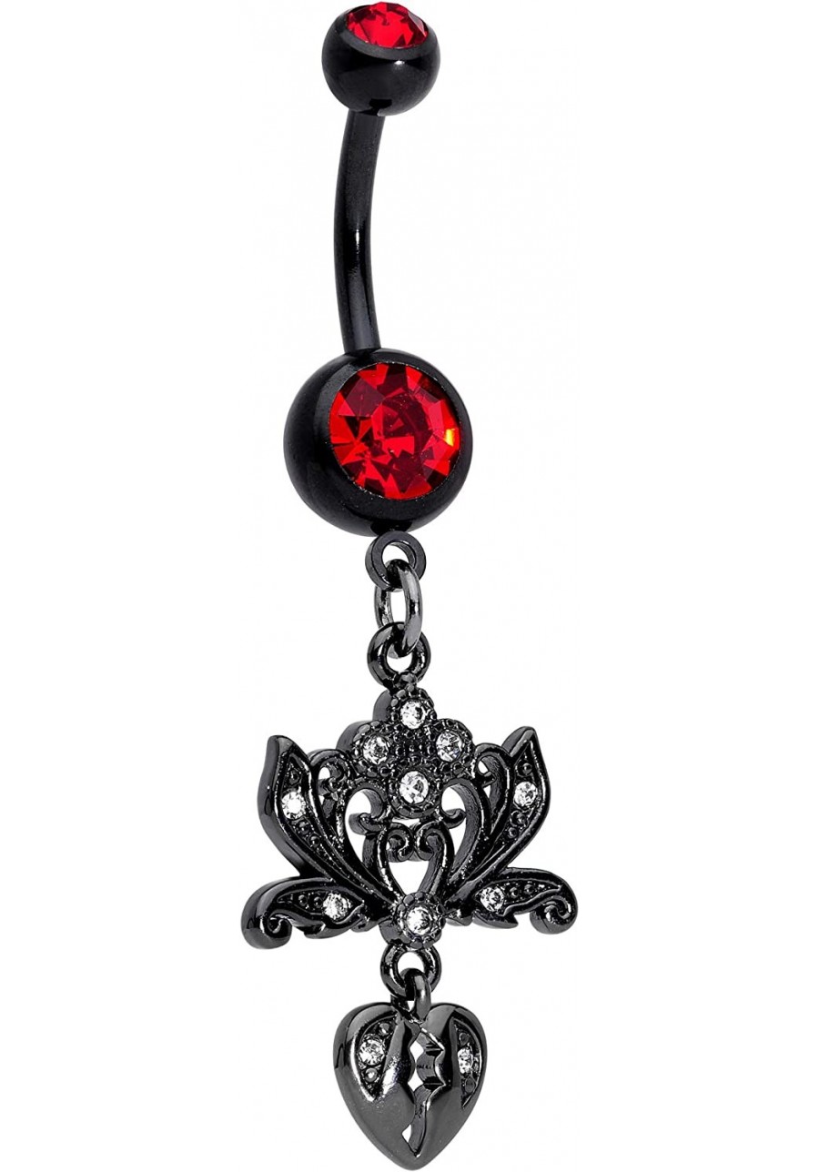 Women 14G Black PVD Steel Navel Ring Piercing Red Accent Lotus Heart Dangle Belly Button Ring $13.11 Piercing Jewelry