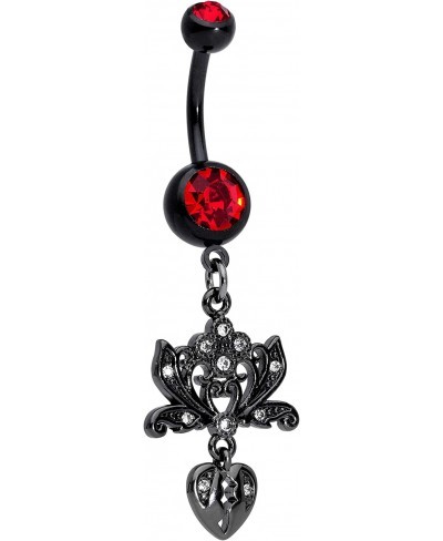 Women 14G Black PVD Steel Navel Ring Piercing Red Accent Lotus Heart Dangle Belly Button Ring $13.11 Piercing Jewelry