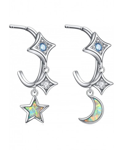 Sterling Silver Crescent Moon Star Dangle Earrings for Women Girls Opal Asymmetrical Drop Earrings Jewelry Gift $24.32 Drop &...