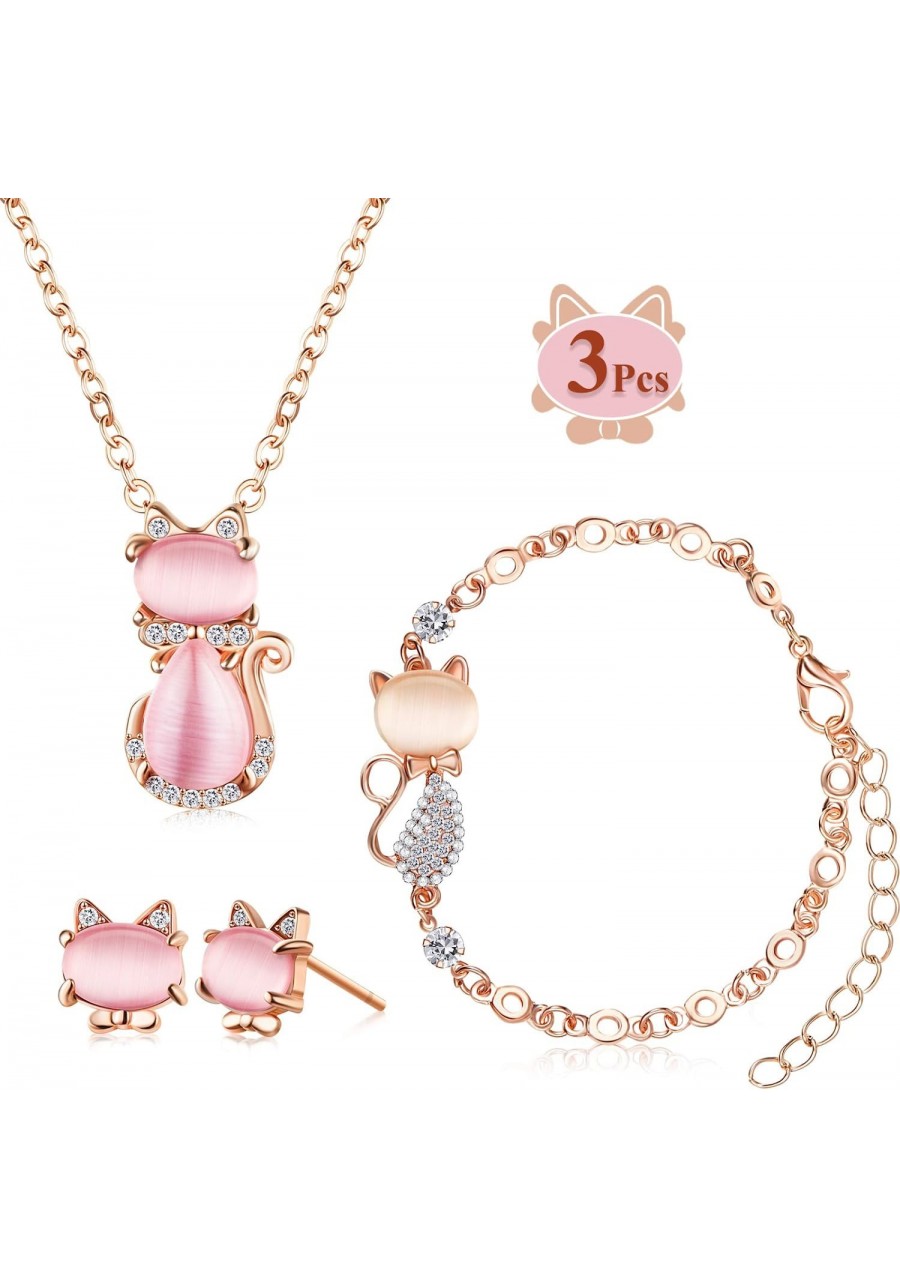 3 Pieces Jewelry Set Cat Necklace Pink Opal Pendant Rhinestone Jewelry Bracelet Set Earring Stud for Teen Girls and Women $13...