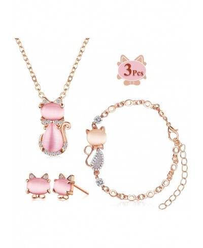 3 Pieces Jewelry Set Cat Necklace Pink Opal Pendant Rhinestone Jewelry Bracelet Set Earring Stud for Teen Girls and Women $13...