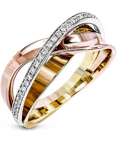 Fashion Tricolor Geometric Lines Cross Ring Womens 18K Rose Yellow Gold Ring Shiny Full Diamond Ring Multi Row Cross Ring Ete...