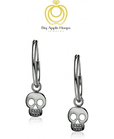 Black Rhodium Plated Sterling Silver Small Skull Charm with 14mm Hoop Earrings $15.30 Hoop