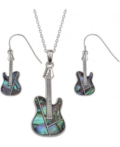 Electric Guitar Charm Pendant Fashionable Shell Necklace & Earrings Set - Abalone Paua Shell - Fish Hook - 18" Link Style Cha...