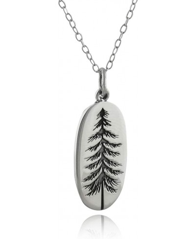 Sterling Silver Pine Tree Charm Necklace 18" Cable Chain Etched Oval $34.46 Pendant Necklaces