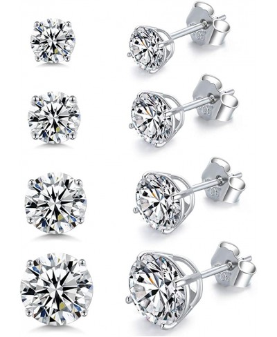 2-8mm Sterling Silver Cubic Zirconia Stud Earrings Set Hypoallergenic Tiny Round Ball 14K White Gold Plated Round Cut CZ Simu...