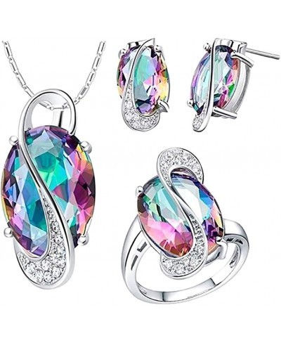 Women's Fashion Jewelry Set Rainbow Pattern Faux Topaz Pendant Necklace Earrings Finger Ring $6.78 Jewelry Sets