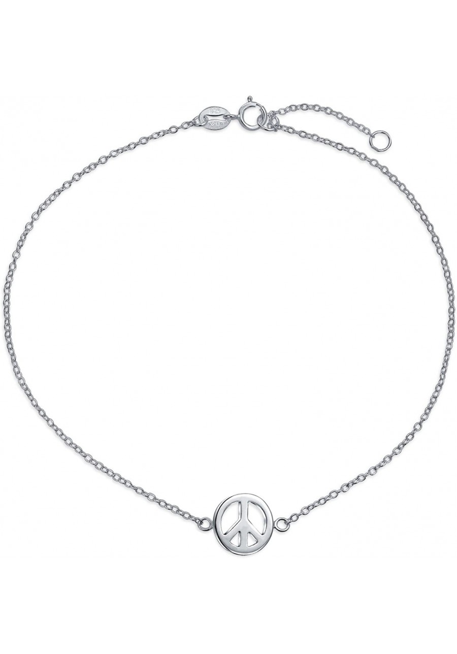 Peace Sign Symbol Anklet Charm Anklet Link Ankle Bracelet For Women Electroplating .925 Sterling Silver Adjustable 9 To 10 In...