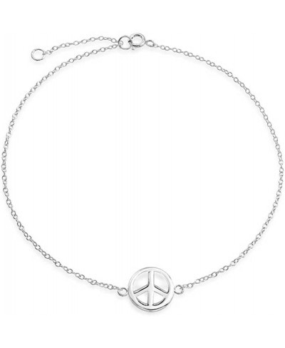 Peace Sign Symbol Anklet Charm Anklet Link Ankle Bracelet For Women Electroplating .925 Sterling Silver Adjustable 9 To 10 In...