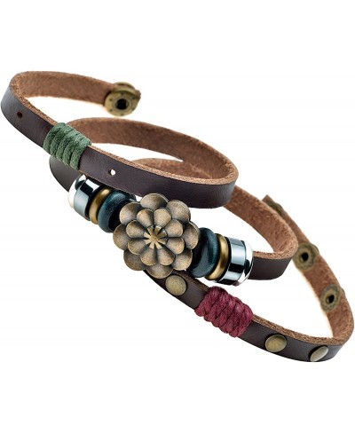 Multilayer Leather Personality Hematite Lucky Lotus Flower Snap Button Wrap Bracelet $22.33 Wrap