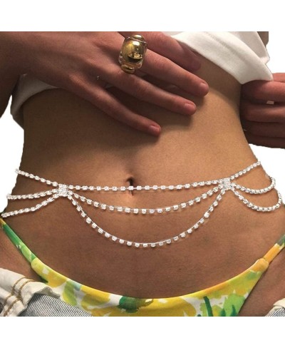 Silver Crystal Waist Chain Rhinestone Layered Belly Waist Body Chain Summer Beach Bikini Chains Party Club Rave Body Accessor...