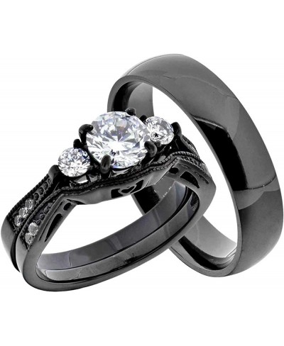 Couple Ring Bridal Set His and Hers Wedding Ring Set Black Stainless Steel 3 Stone Round CZ Women's Wedding Ring & Black Stai...