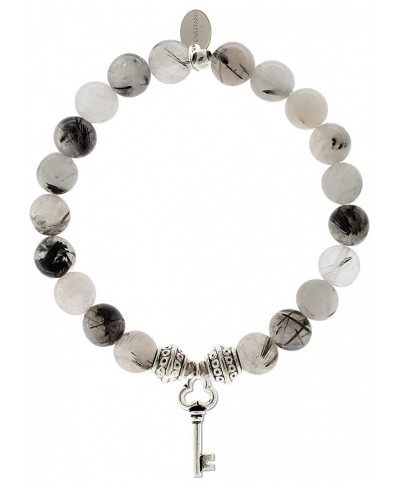 Natural Black Rutilated Quartz Gemstone Tibetan Bead Key Charm Stretch Bracelet $59.90 Strand