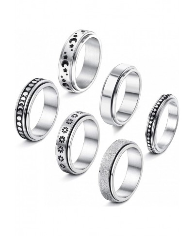 6Pcs Stainless Steel Spinner Ring for Women Fidget Band Rings Moon Star Sand Blast Finish Ring Set for Stress Relieving Weddi...