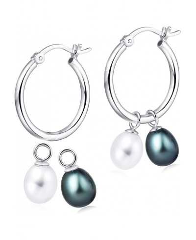 925 Silver Multi-use Hoop Sade Earrings 7-7.5mm Cultured Freshwater Drop White and Black Peacock Pearl 4-in-1 Rhodium Plated ...