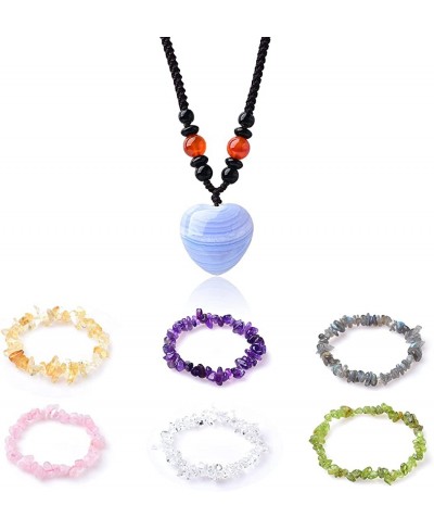 Natural Rose Quartz Heart Necklace Energy Healing Crystal Pendant Necklace Handmade Chakra Crystal Chip Gemstone Stretch Brac...