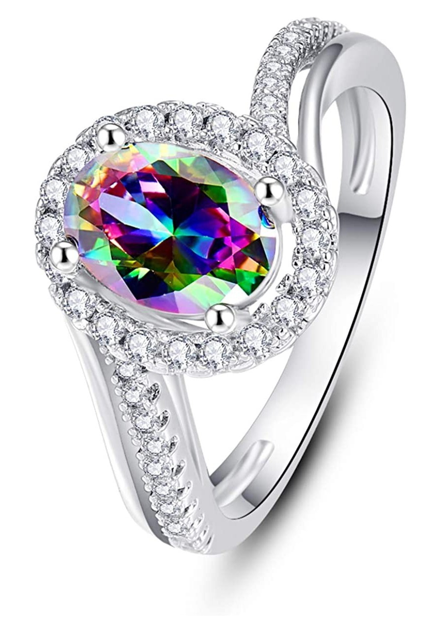 Halo Engagement Rings for Women With 925 Sterling Silver Round Oval Cut Created Mystic Rainbow Topaz Cubic Zirconia CZ $22.03...