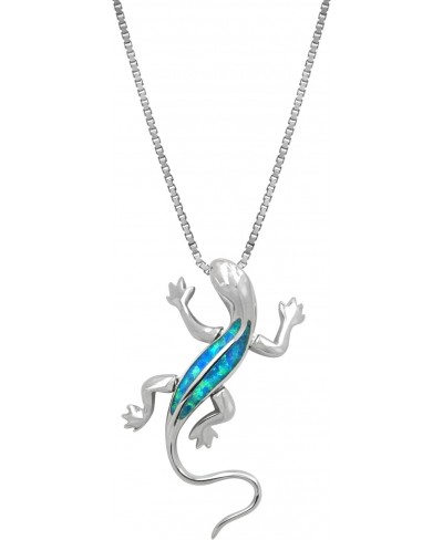 Sterling Silver Gecko Necklace Pendant with Simulated Blue Opal and 18" Box Chain $16.54 Pendant Necklaces