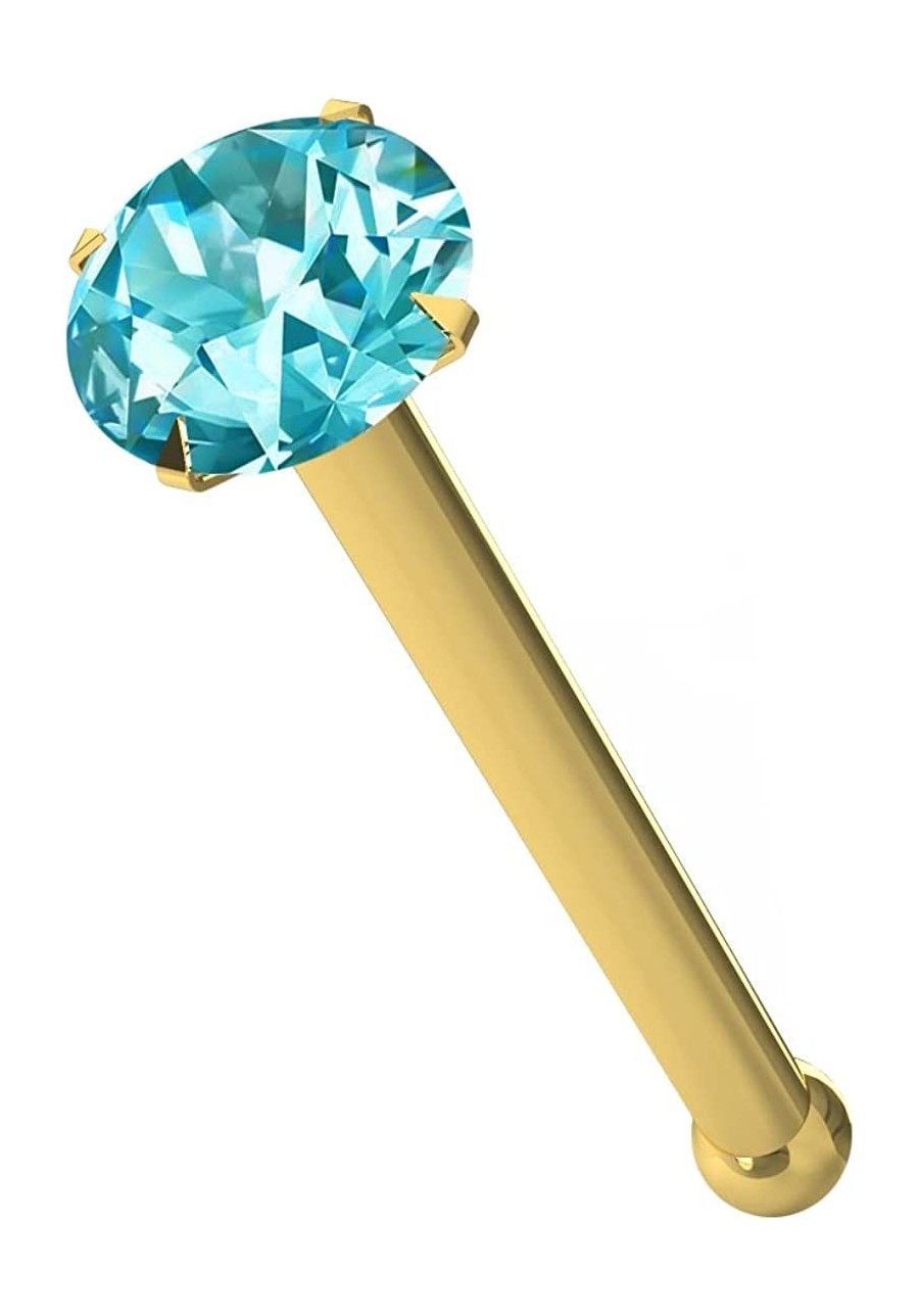 Aquamarine Genuine Crystal Stone 14ct Solid Yellow Gold 22 Gauge - 6MM Length Nose Bone Nose Stud $17.07 Piercing Jewelry