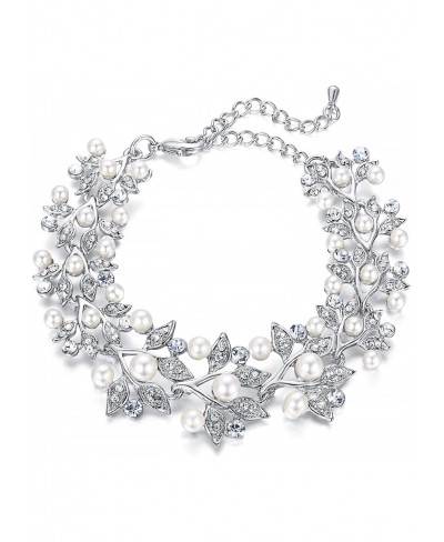 Cream Simulated Pearl Bracelet for Bridal Austrian Crystal Leaf Link Bracelet for Women $15.52 Link