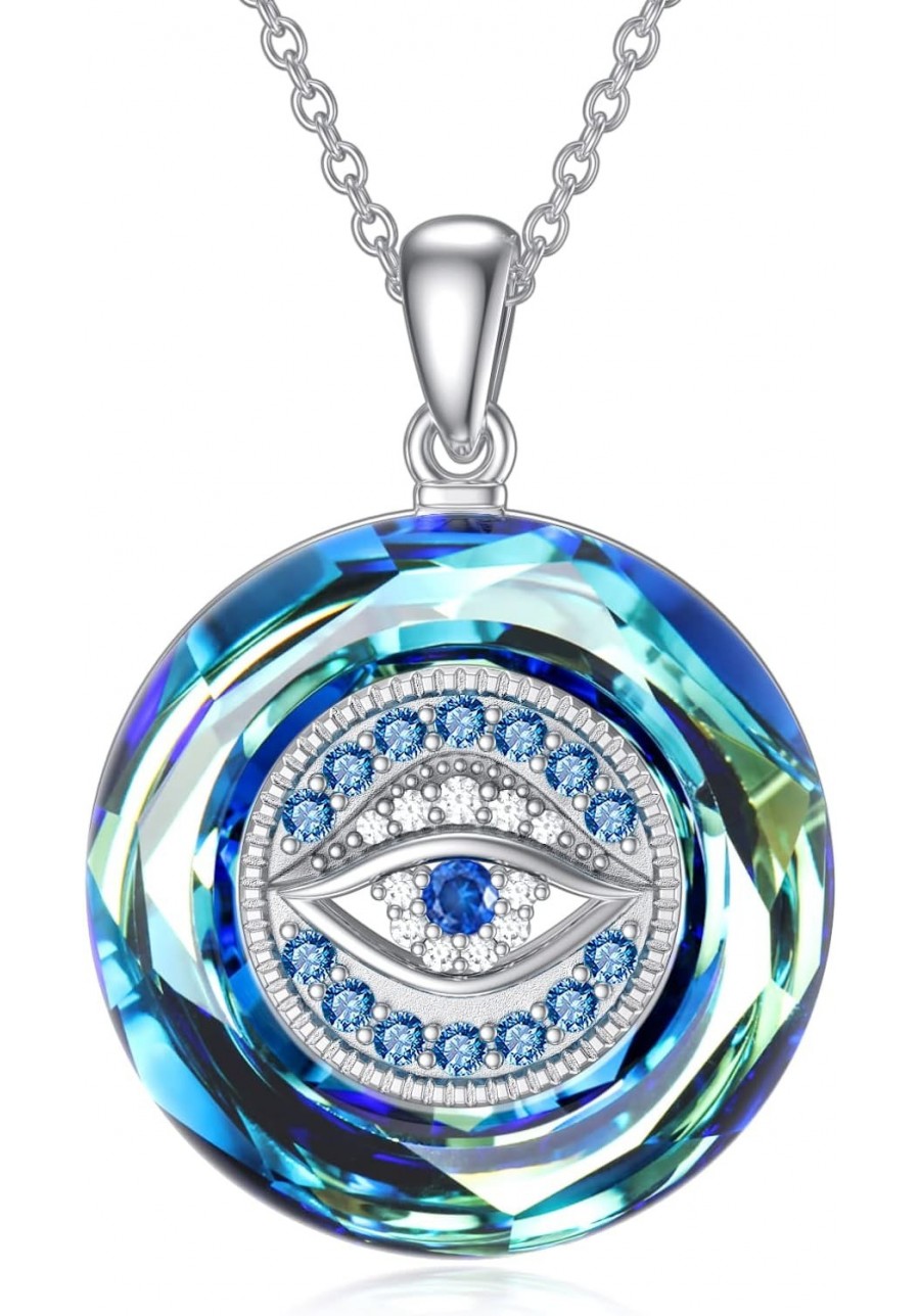 Blue Evil Eye Protection Necklace Sterling Silver Round Crystal Blue Evil Eye Necklace Good Luck Round Eye Pendant Necklace G...