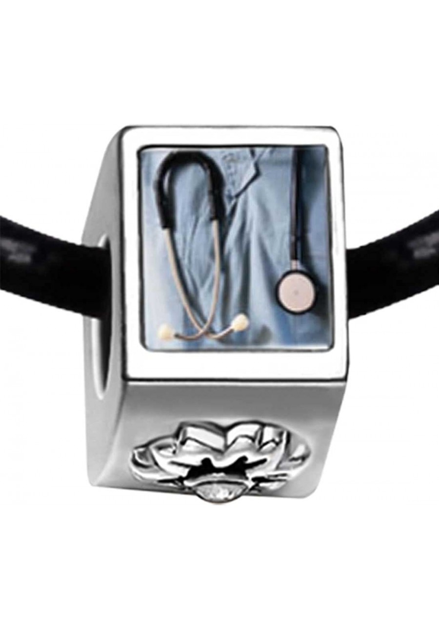 Silver Plated Heart Stethoscope White Crystal(April Birthstone) Flower Bead Charm Bracelets $19.05 Charms & Charm Bracelets