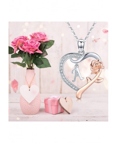 Rose Gold Initial Letter Necklaces for Women S925 Sterling Silver Love Heart Letters with Rose Flower Pendant Birthday Jewelr...