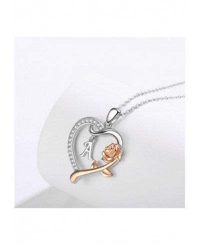 Rose Gold Initial Letter Necklaces for Women S925 Sterling Silver Love Heart Letters with Rose Flower Pendant Birthday Jewelr...