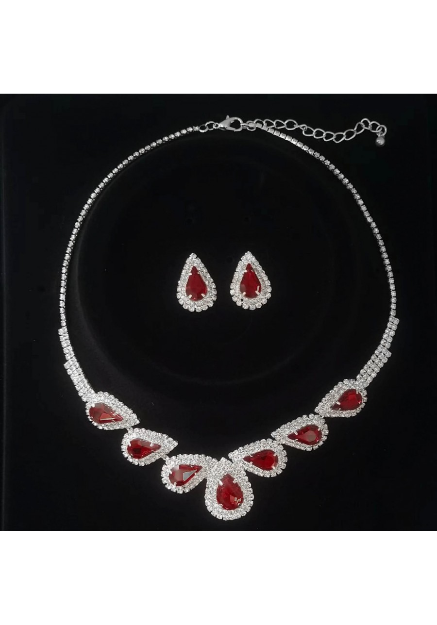 Wedding Jewelry Set Water Drop Bridal Stud Earrings Necklace Set Crystal Choker Necklace Rhinestone Bride Accessories (Red) $...