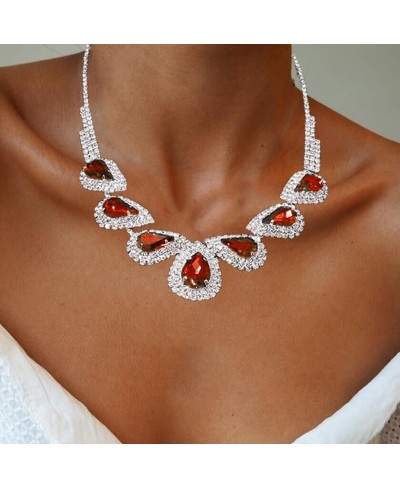 Wedding Jewelry Set Water Drop Bridal Stud Earrings Necklace Set Crystal Choker Necklace Rhinestone Bride Accessories (Red) $...