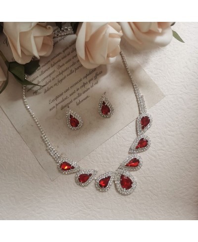 Wedding Jewelry Set Water Drop Bridal Stud Earrings Necklace Set Crystal Choker Necklace Rhinestone Bride Accessories (Red) $...